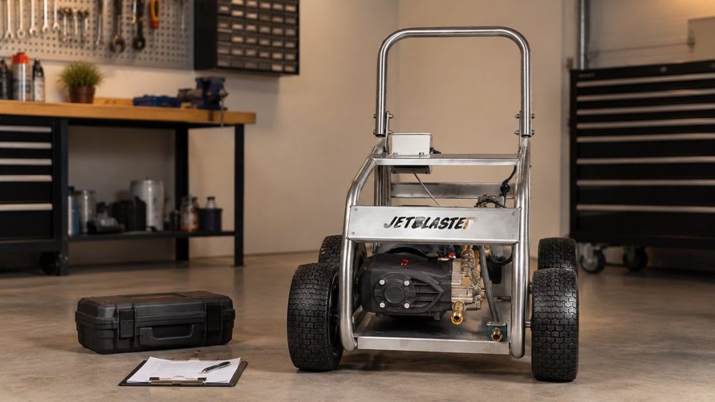 Pressure cleaner and toolbox in a workshop - maintenance illustration